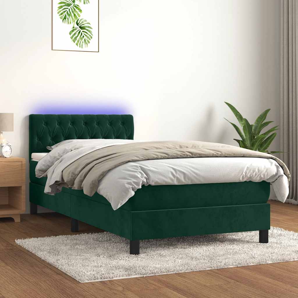 Krevet box spring s madracem LED tamnozeleni 100x200 cm baršun
