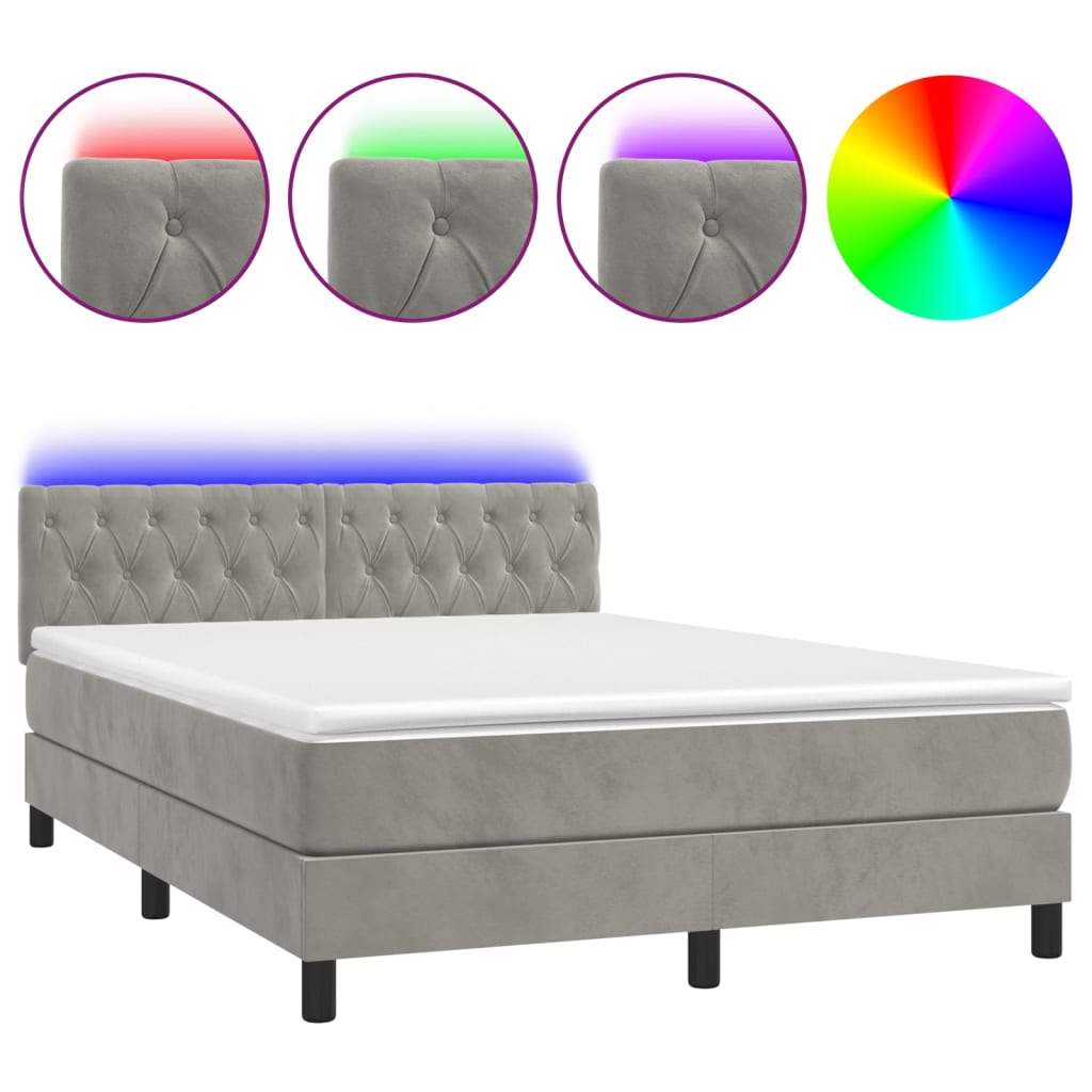 Krevet box spring s madracem LED svjetlosivi 140x190 cm baršun