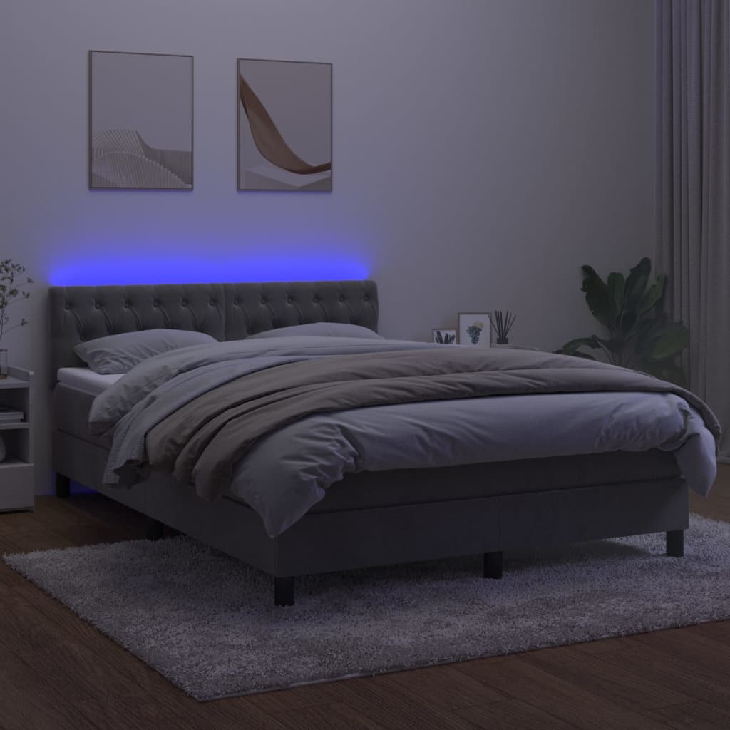 Krevet box spring s madracem LED svjetlosivi 140x190 cm baršun