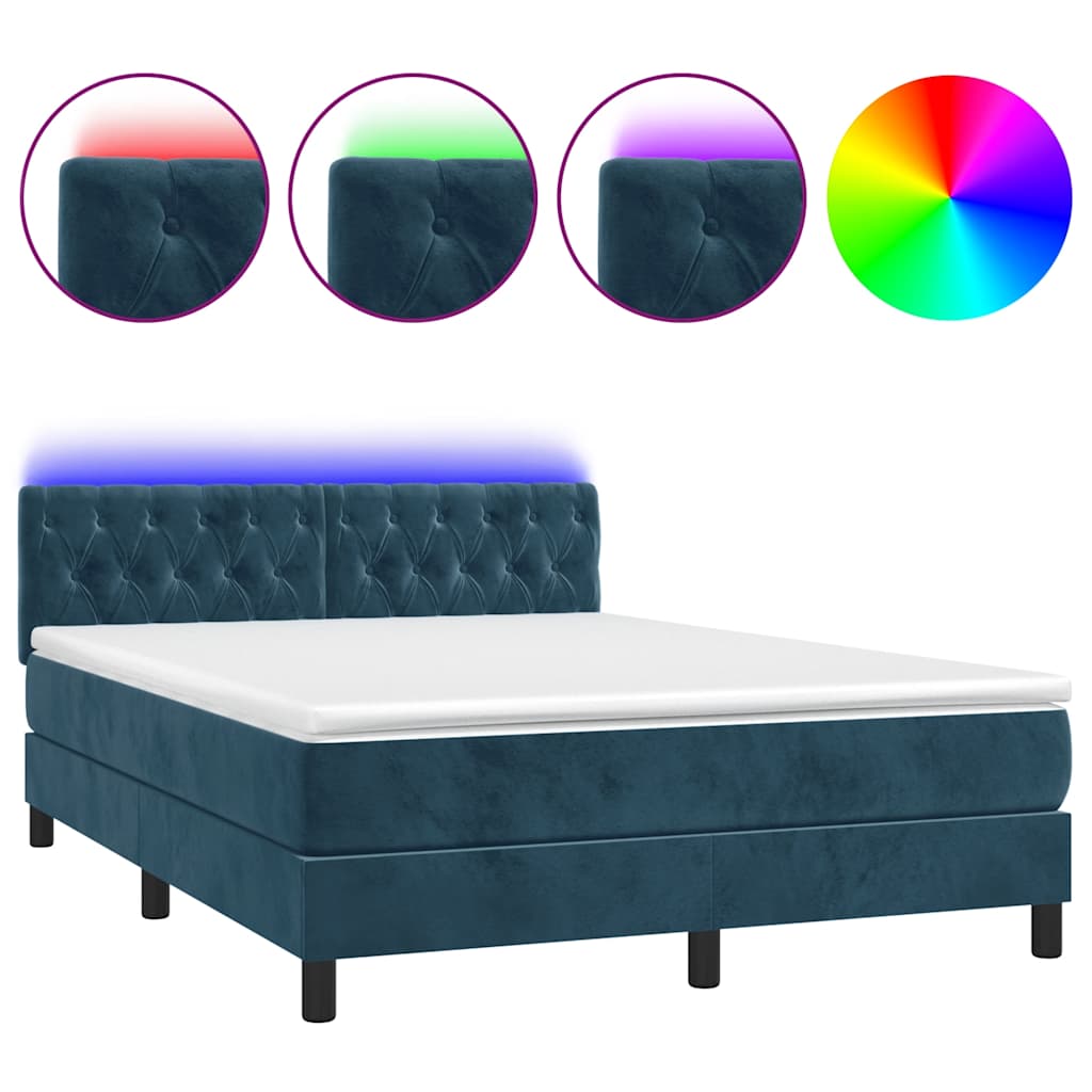 Krevet box spring s madracem LED tamnoplavi 140x190 cm baršun