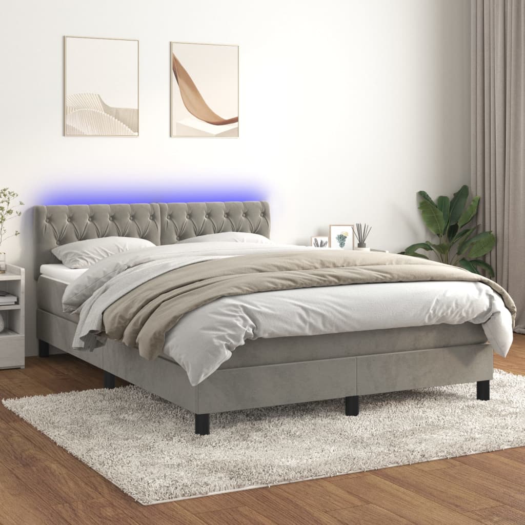 Krevet box spring s madracem LED svjetlosivi 140x200 cm baršun