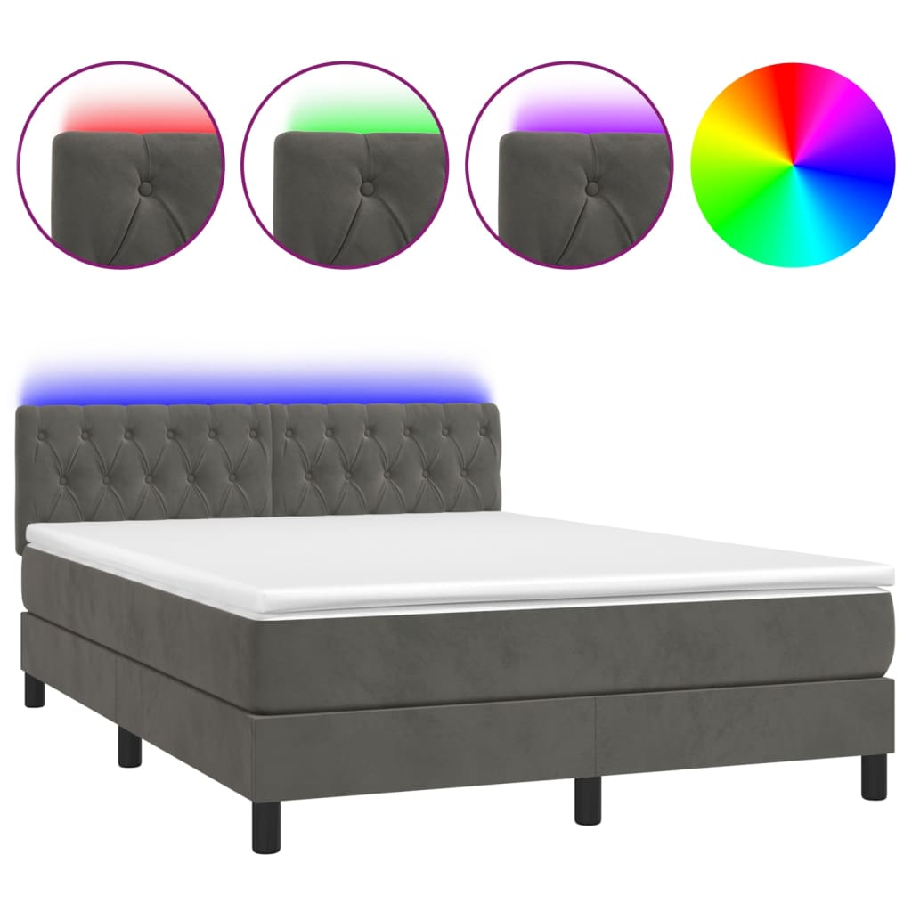 Krevet box spring s madracem LED tamnosivi 140x200 cm baršun