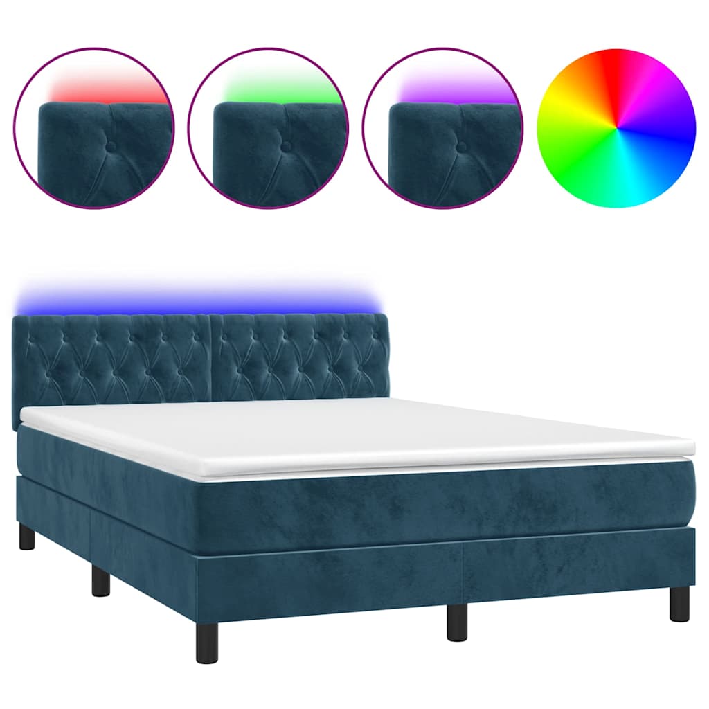 Krevet box spring s madracem LED tamnoplavi 140x200 cm baršun