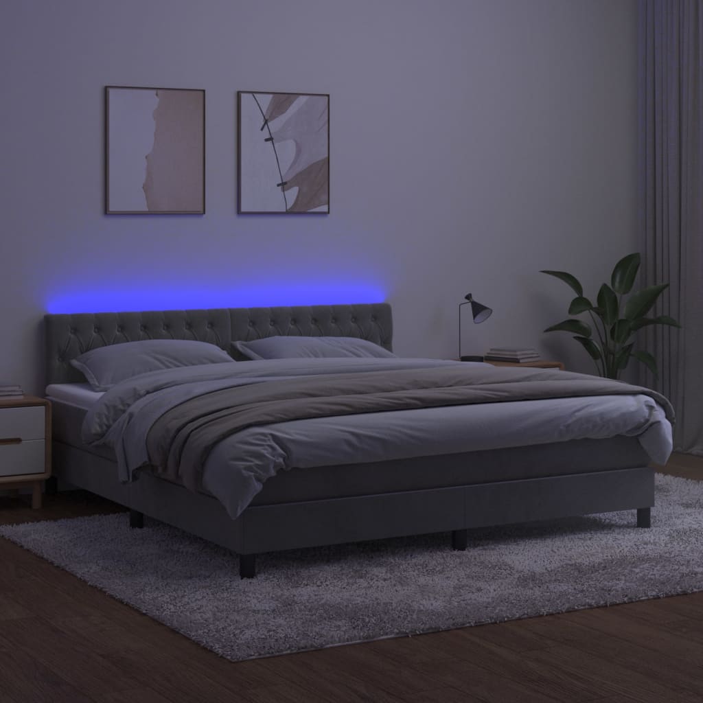Krevet box spring s madracem LED svjetlosivi 160x200 cm baršun