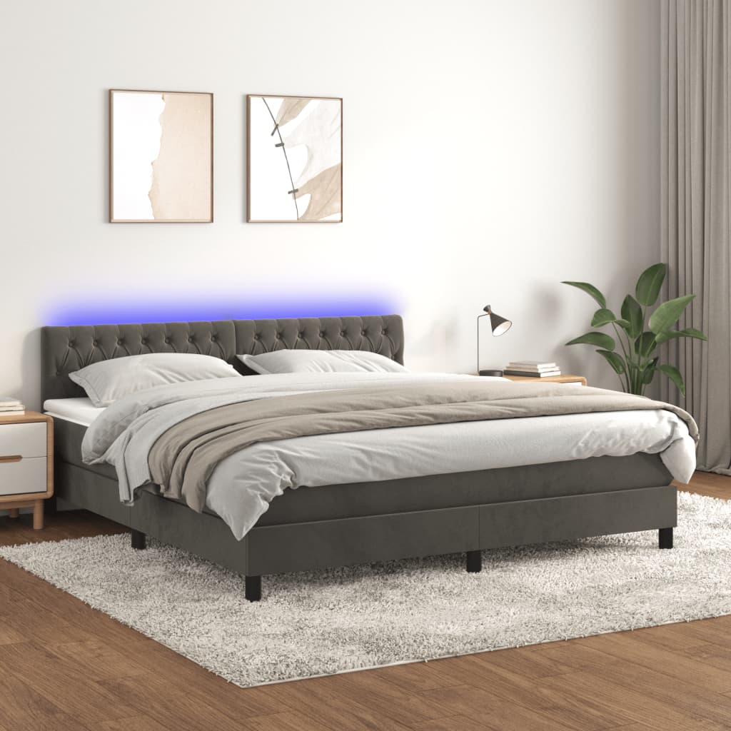 Krevet box spring s madracem LED tamnosivi 160x200 cm baršun