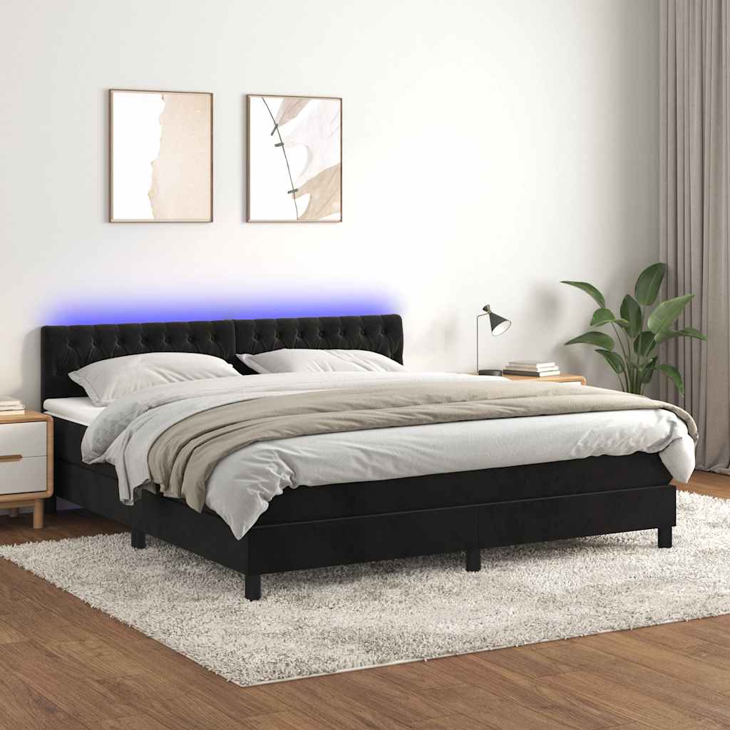Krevet box spring s madracem LED crni 160x200 cm baršun