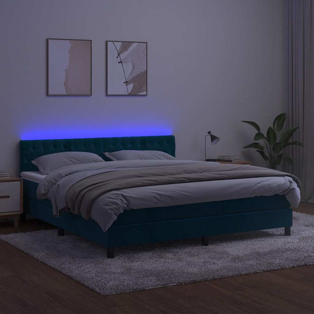 Krevet box spring s madracem LED tamnoplavi 160x200 cm baršun