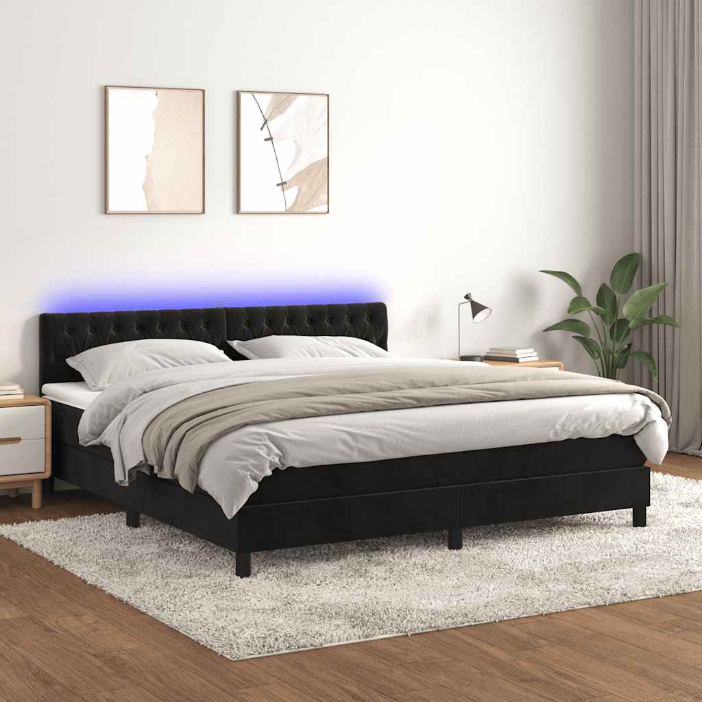 Krevet box spring s madracem LED crni 180x200 cm baršun