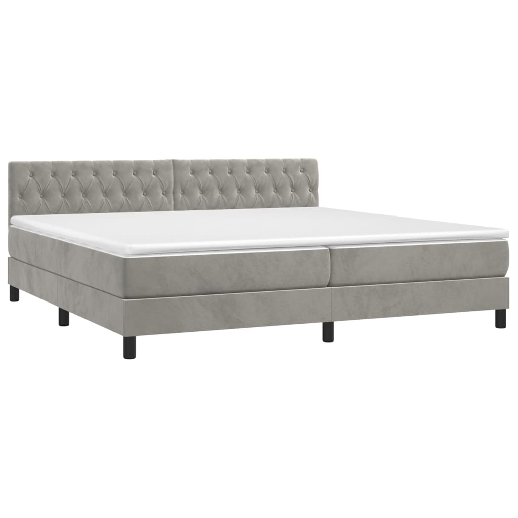 Krevet box spring s madracem LED svjetlosivi 200x200 cm baršun