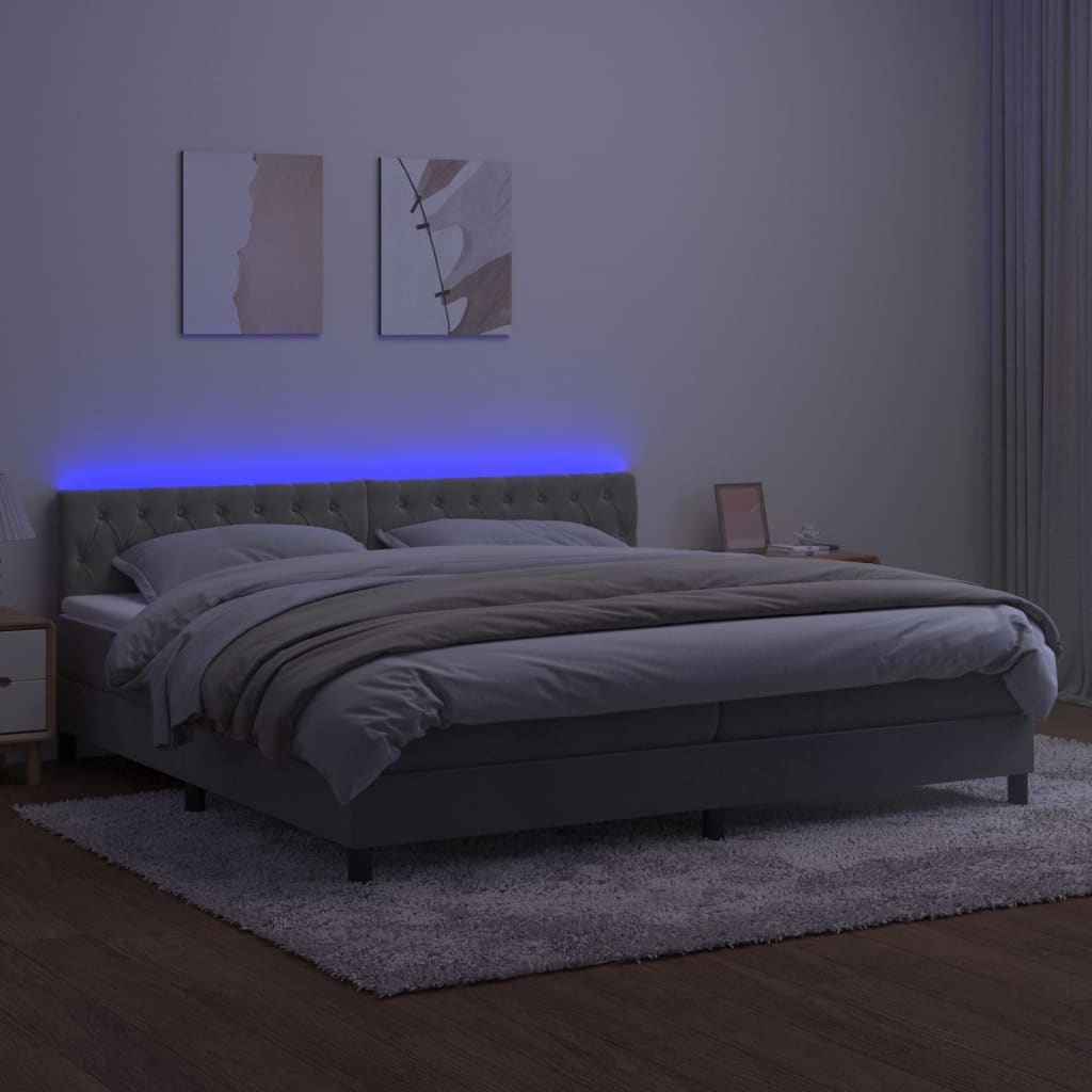 Krevet box spring s madracem LED svjetlosivi 200x200 cm baršun