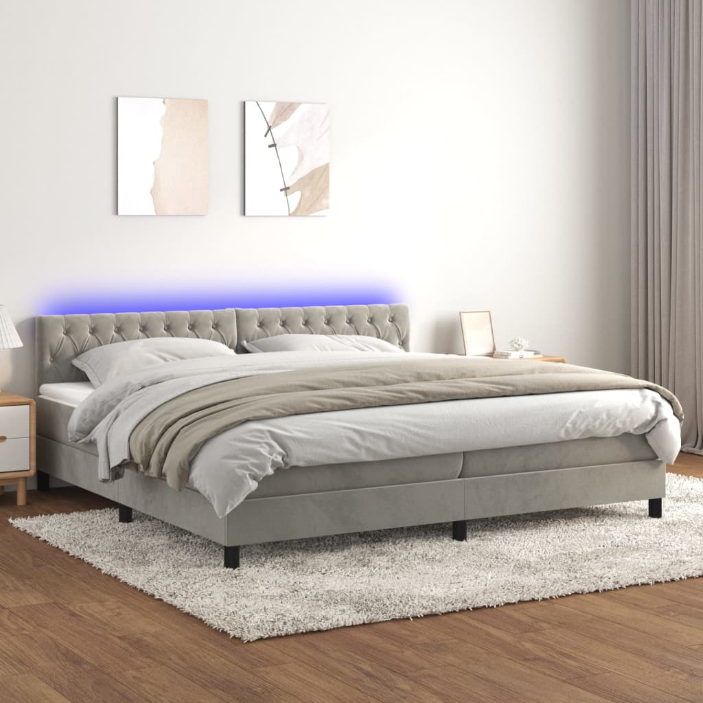 Krevet box spring s madracem LED svjetlosivi 200x200 cm baršun