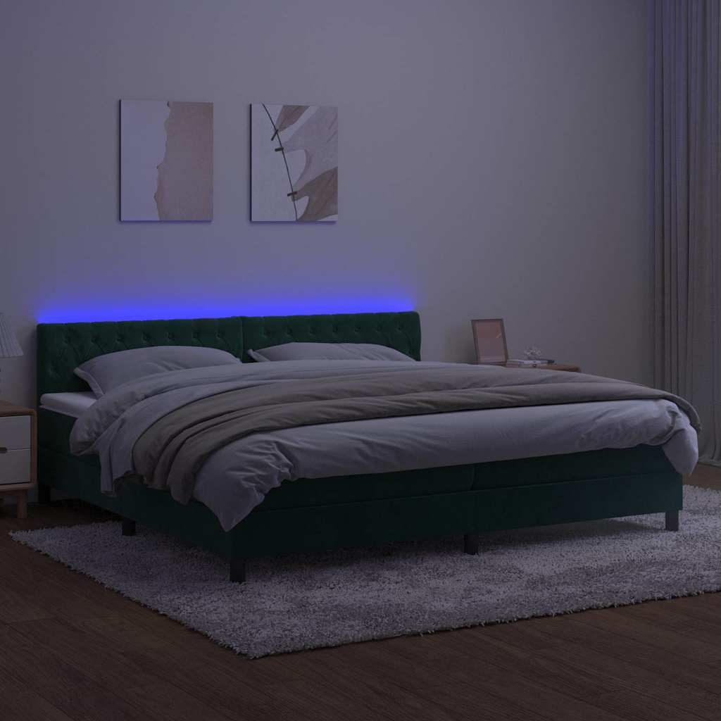 Krevet box spring s madracem LED tamnozeleni 200x200 cm baršun