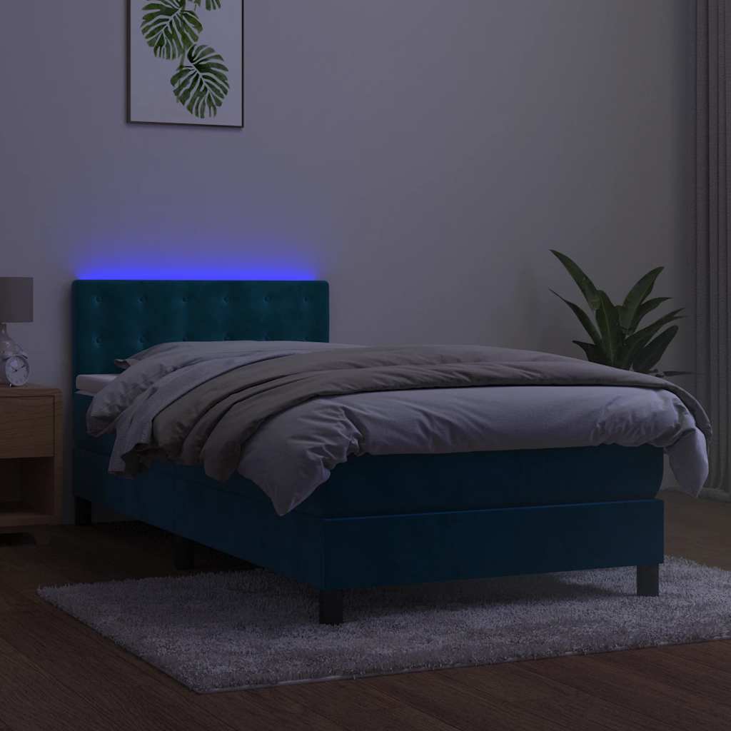 Krevet box spring s madracem LED tamnoplavi 80 x 200 cm baršun