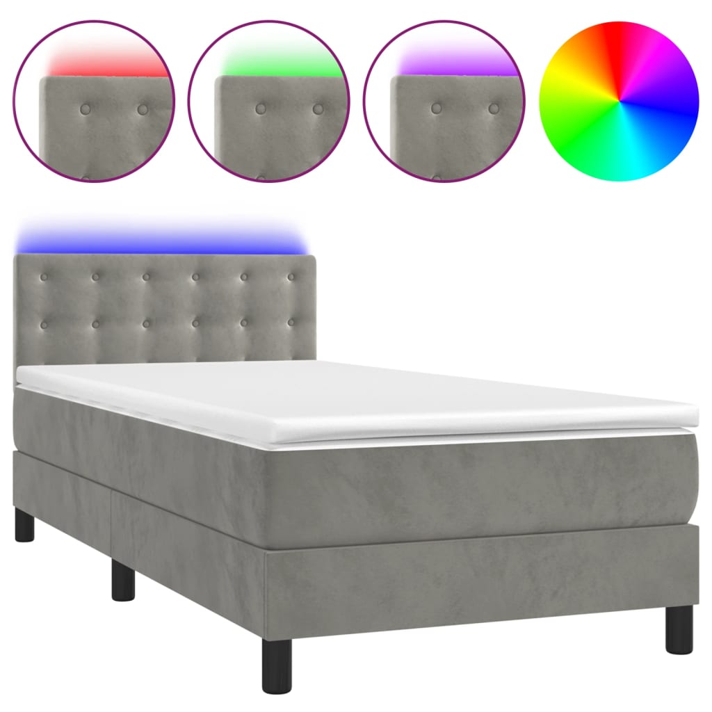 Krevet box spring s madracem LED svjetlosivi 90x190 cm baršun