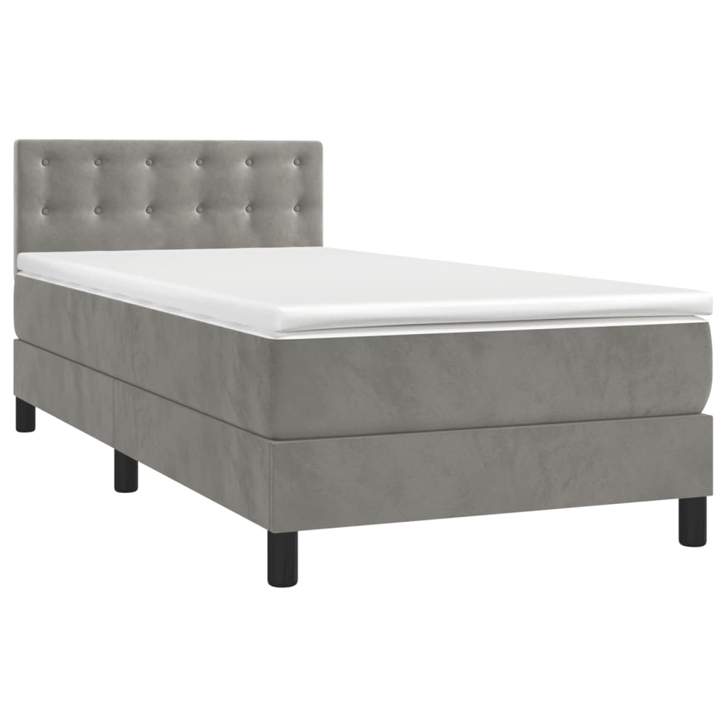 Krevet box spring s madracem LED svjetlosivi 90x190 cm baršun