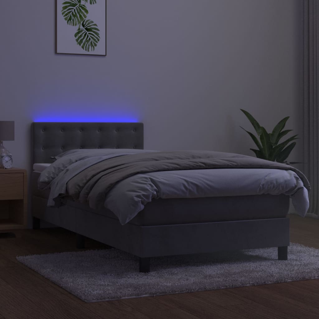 Krevet box spring s madracem LED svjetlosivi 90x190 cm baršun