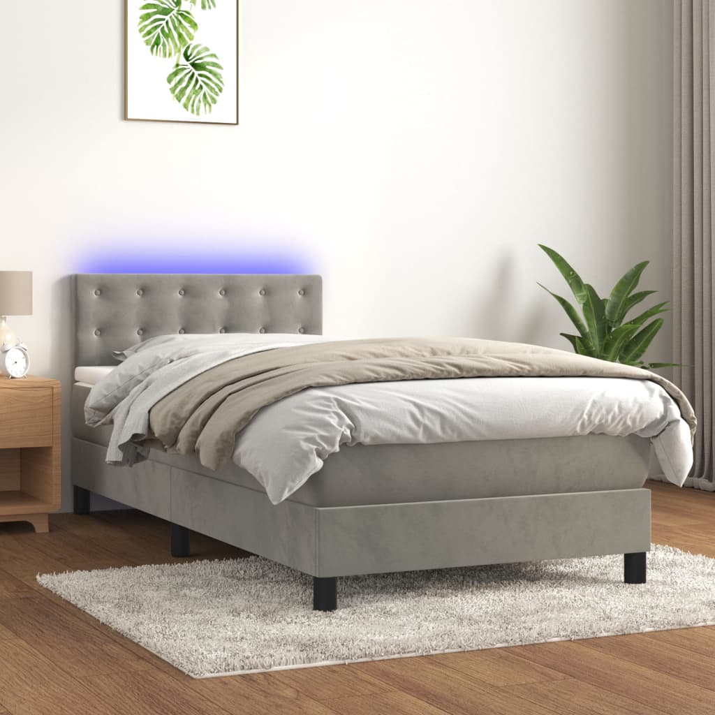 Krevet box spring s madracem LED svjetlosivi 90x190 cm baršun