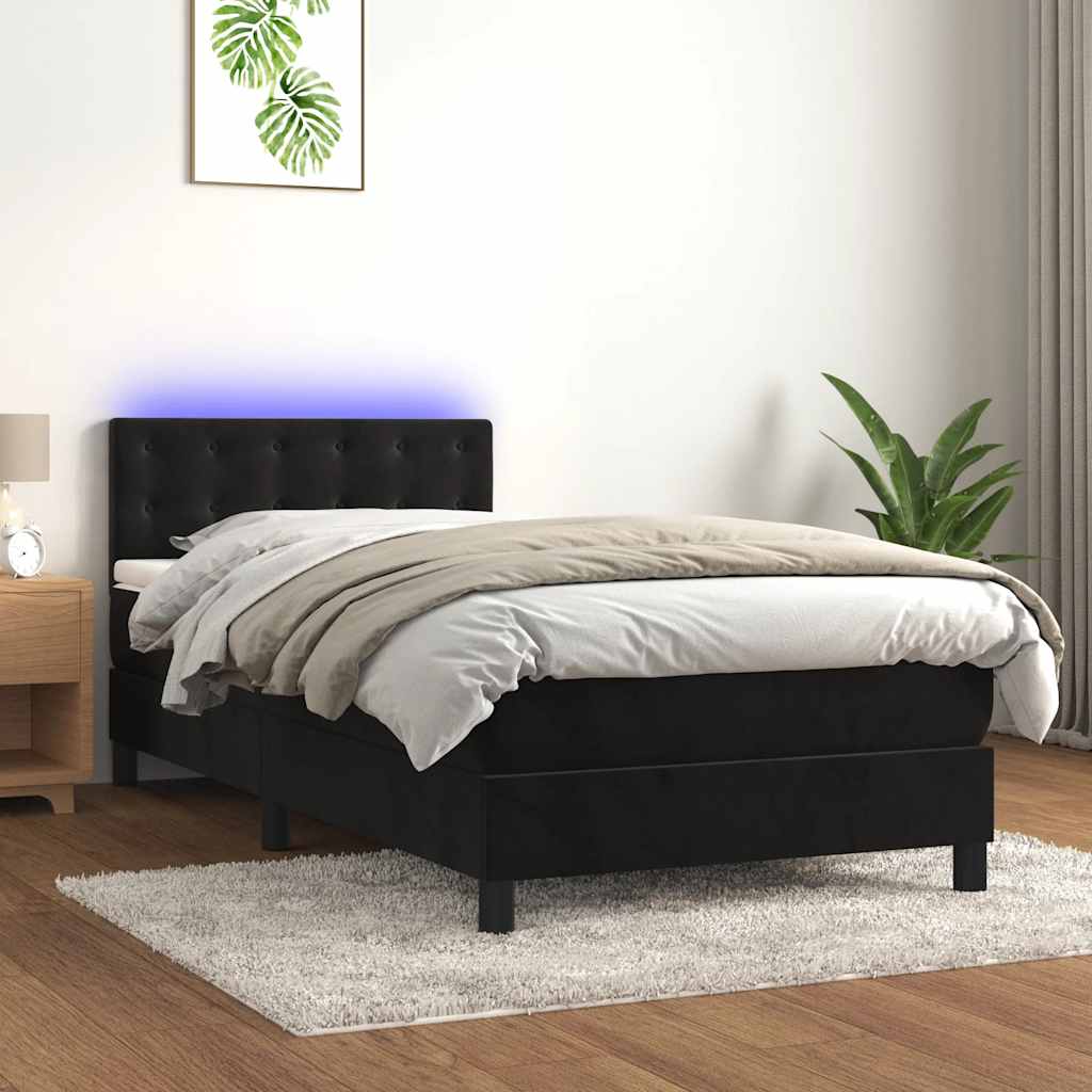 Krevet box spring s madracem LED crni 90x190 cm baršun
