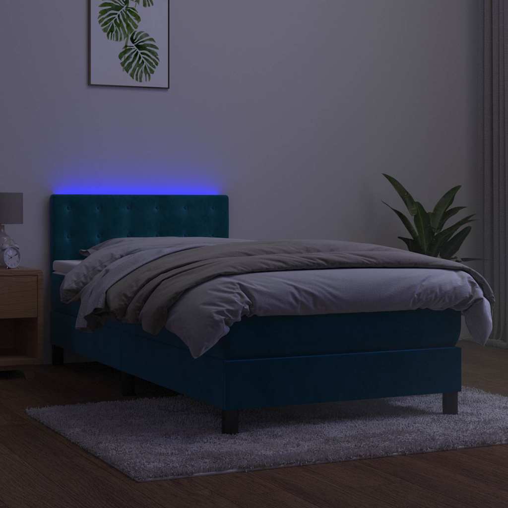 Krevet box spring s madracem LED tamnoplavi 90x190 cm baršun