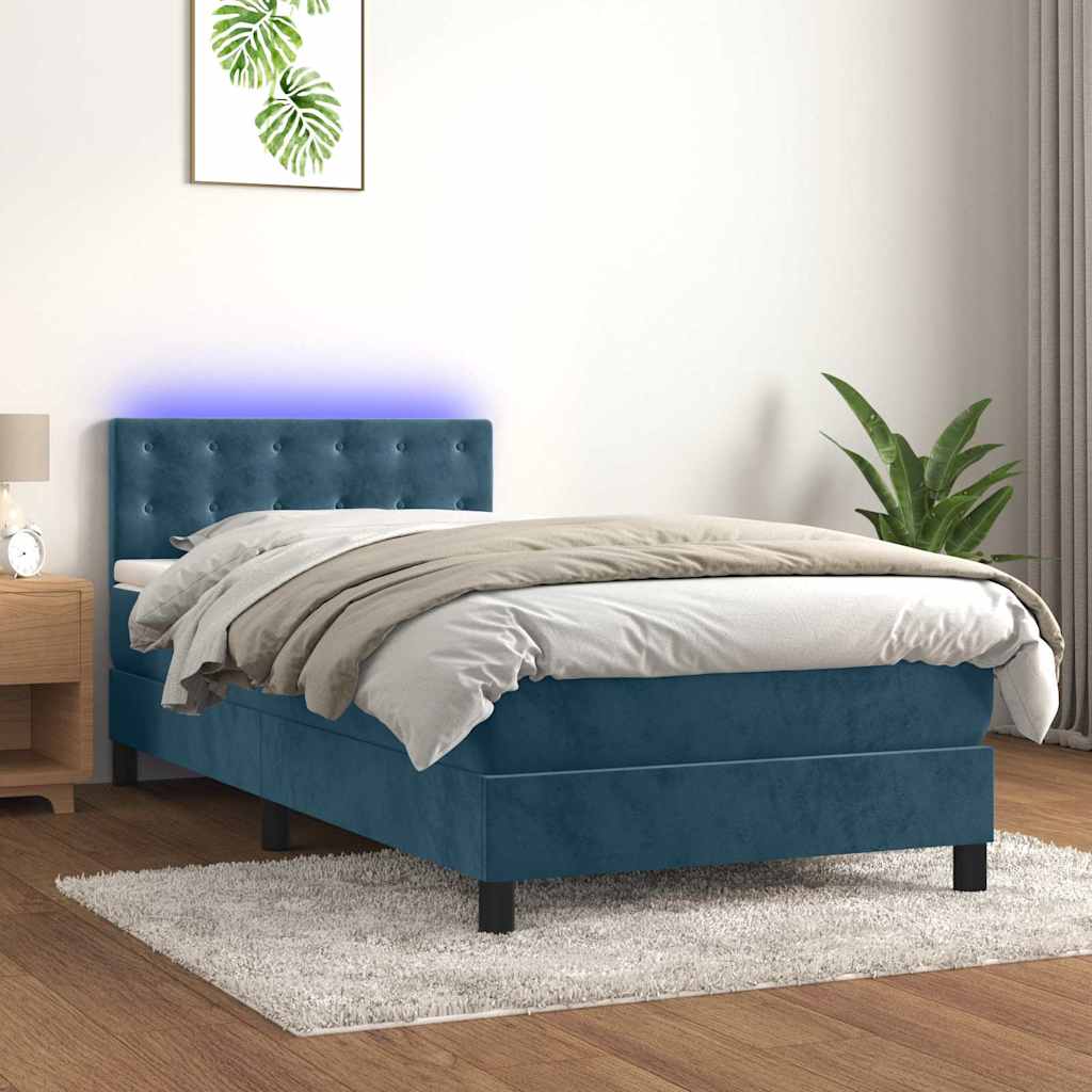Krevet box spring s madracem LED tamnoplavi 90x190 cm baršun