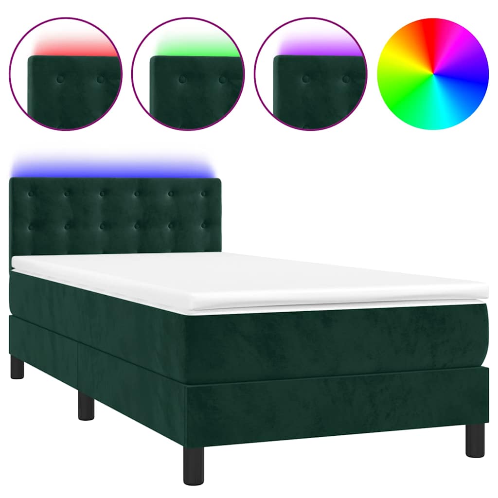 Krevet box spring s madracem LED tamnozeleni 90x200 cm baršun