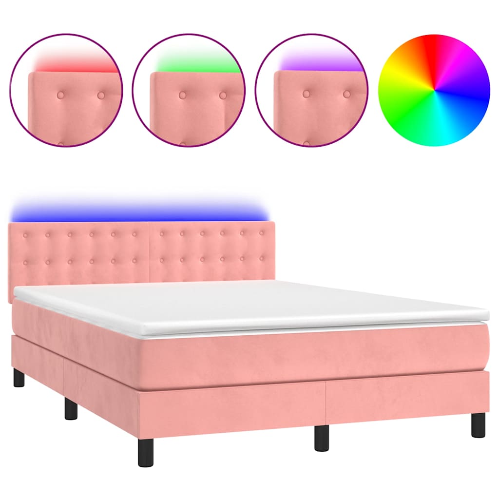 Krevet box spring s madracem LED ružičasti 140x200cm baršunasti