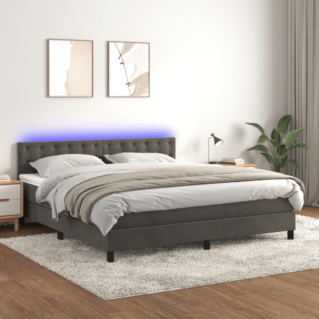 Krevet box spring s madracem LED tamnosivi 160x200 cm baršun