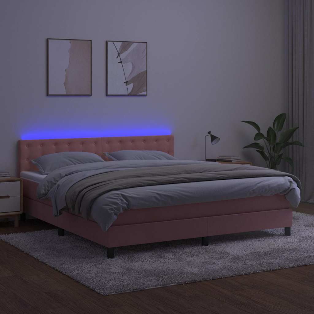 Krevet box spring s madracem LED ružičasti 160x200cm baršunasti