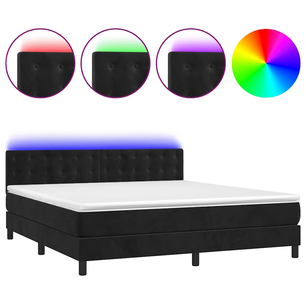 Krevet box spring s madracem LED crni 180x200 cm baršun