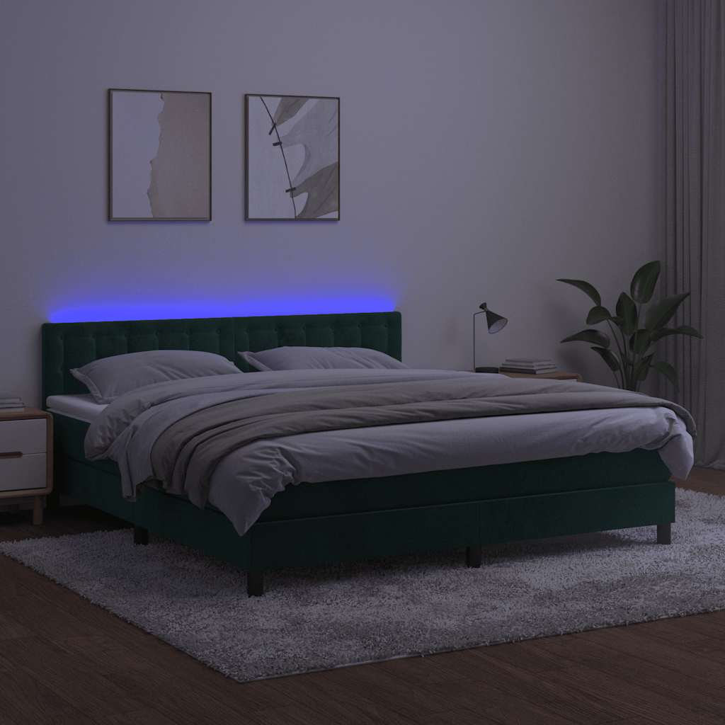 Krevet box spring s madracem LED tamnozeleni 180x200 cm baršun