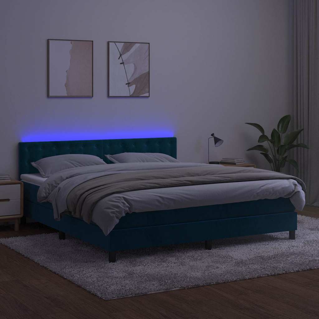 Krevet box spring s madracem LED tamnoplavi 180x200 cm baršun