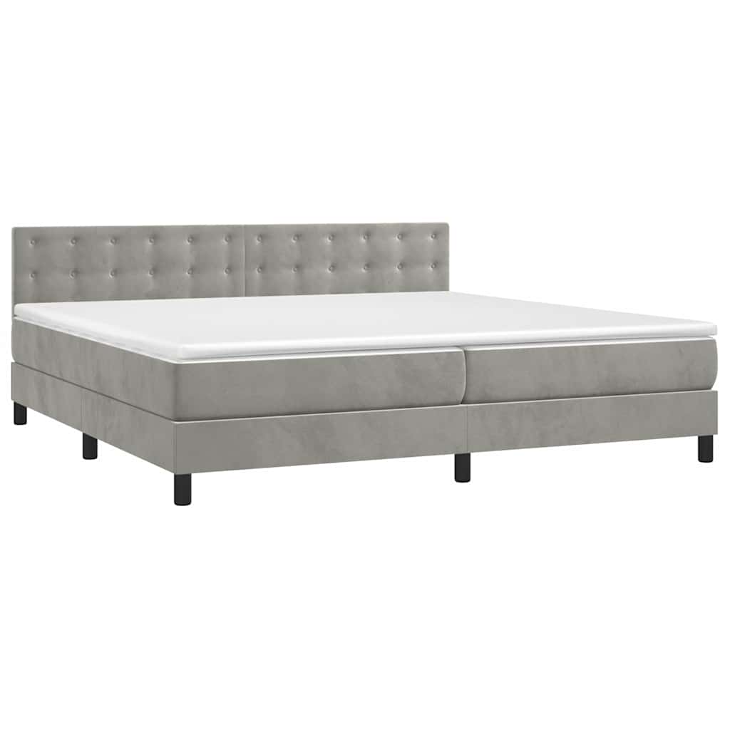 Krevet box spring s madracem LED svjetlosivi 200x200 cm baršun