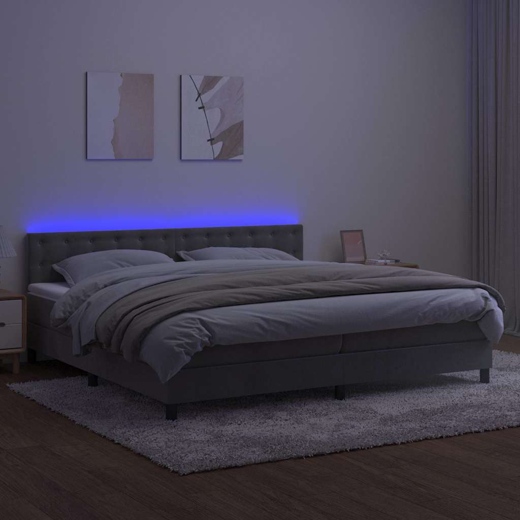 Krevet box spring s madracem LED svjetlosivi 200x200 cm baršun