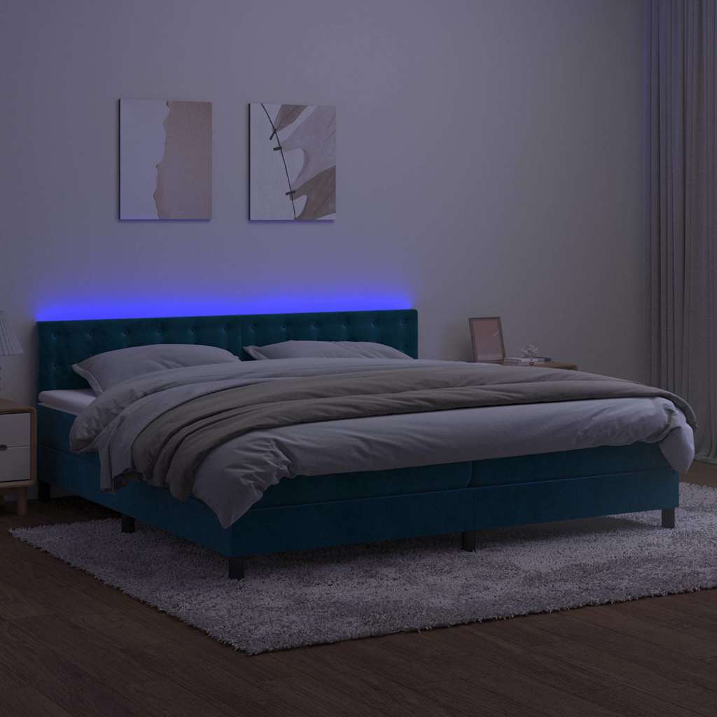 Krevet box spring s madracem LED tamnoplavi 200x200 cm baršun