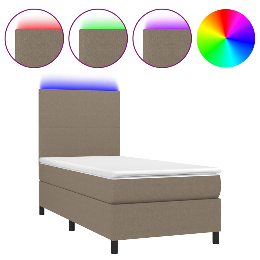 Krevet box spring s madracem LED smeđesivi 90x190 cm tkanina