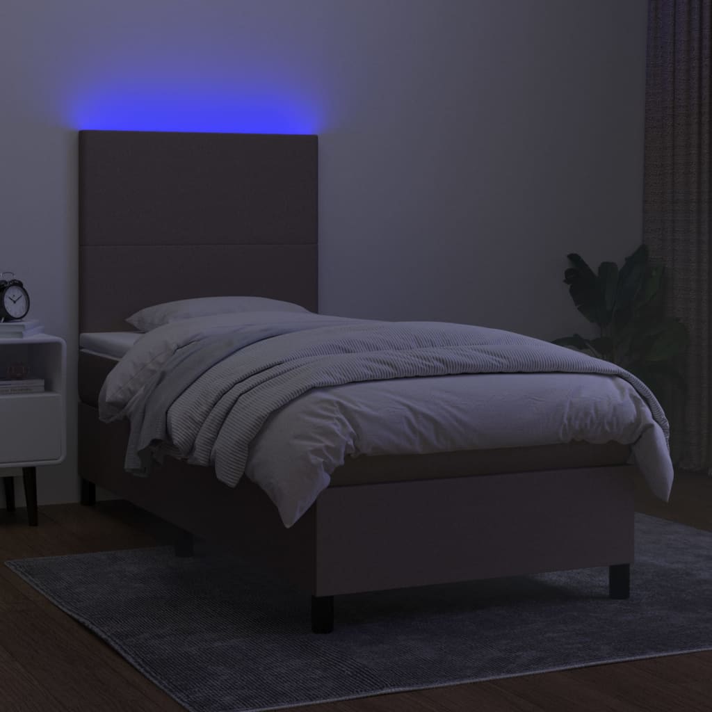 Krevet box spring s madracem LED smeđesivi 90x190 cm tkanina