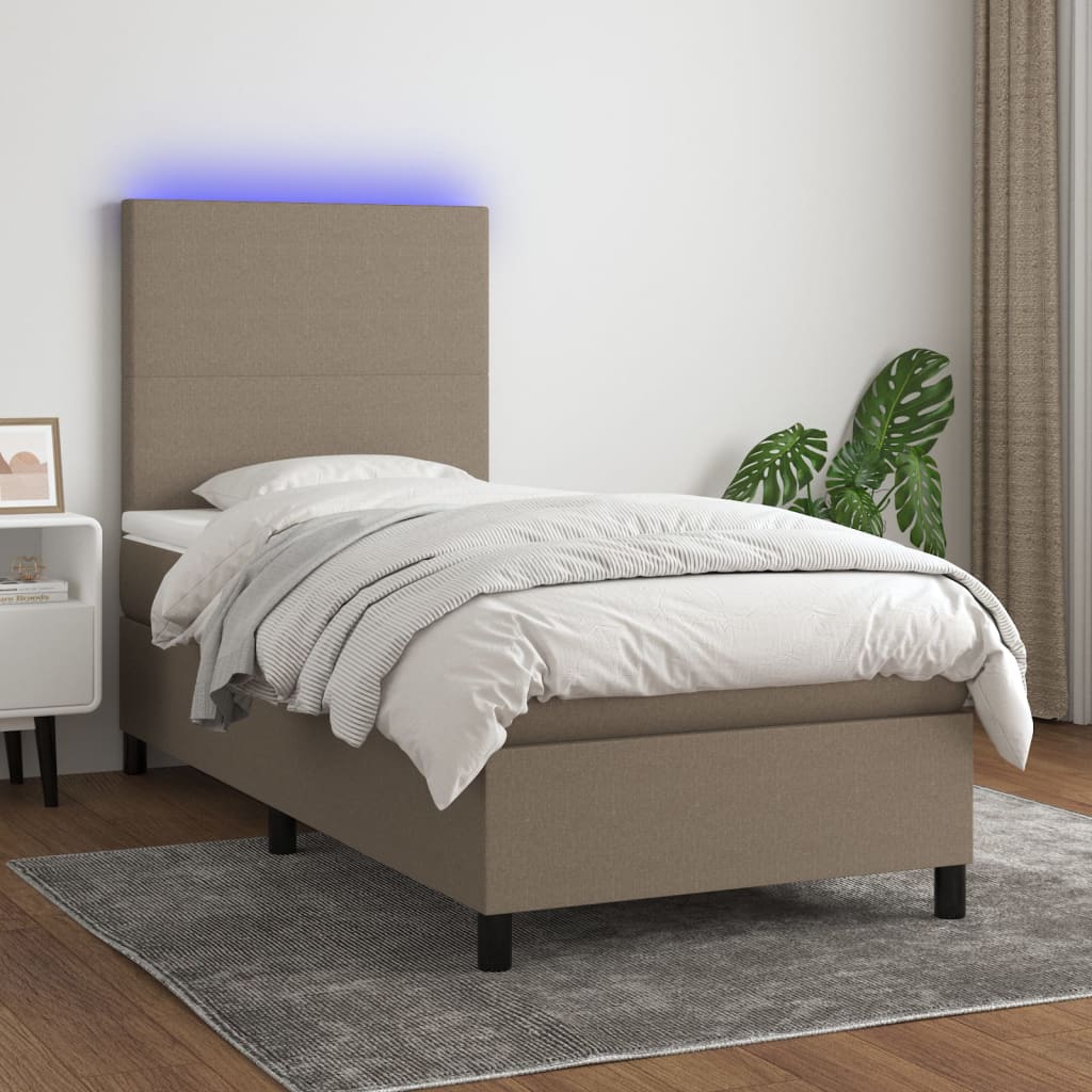 Krevet box spring s madracem LED smeđesivi 90x190 cm tkanina