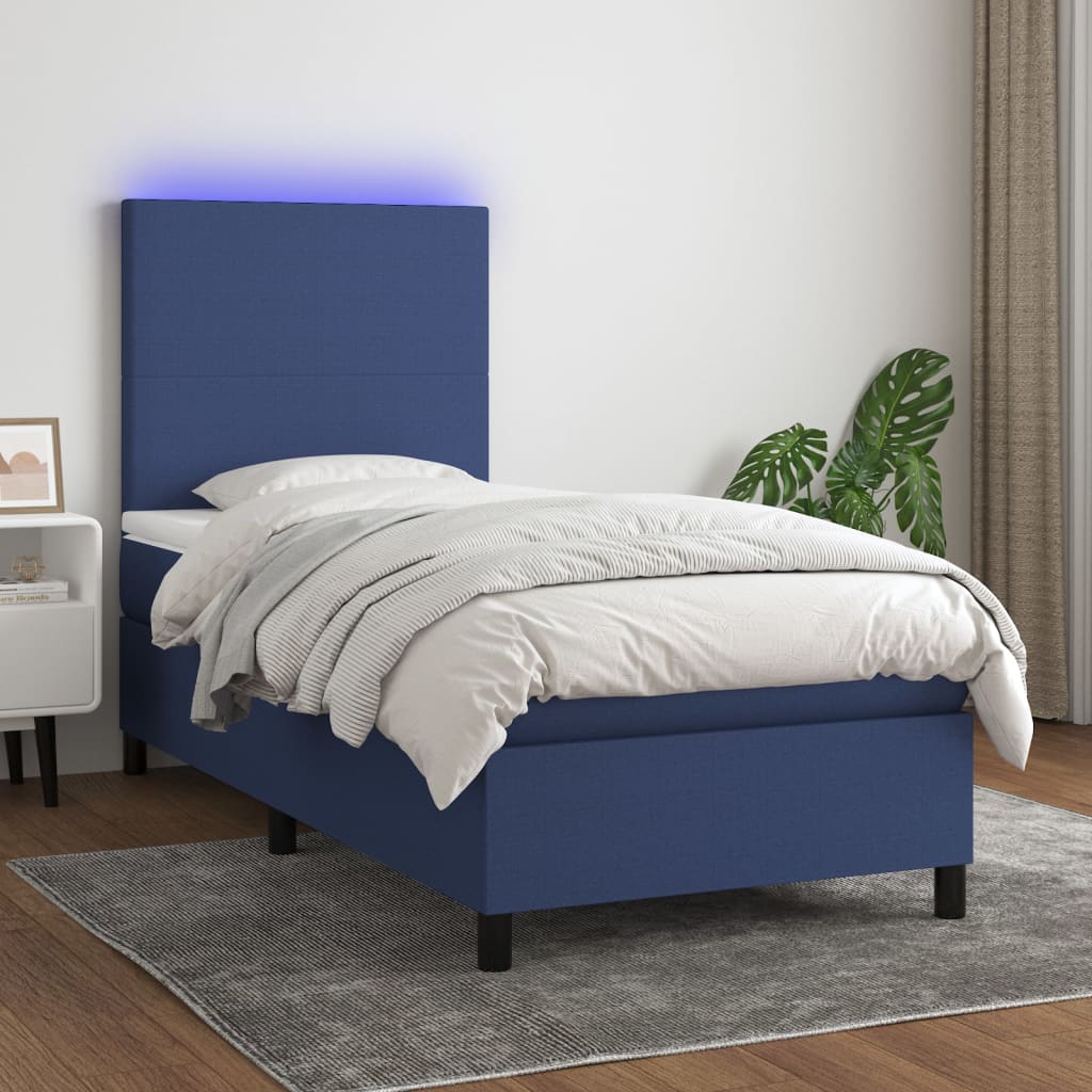 Krevet box spring s madracem LED plavi 90x200 cm od tkanine