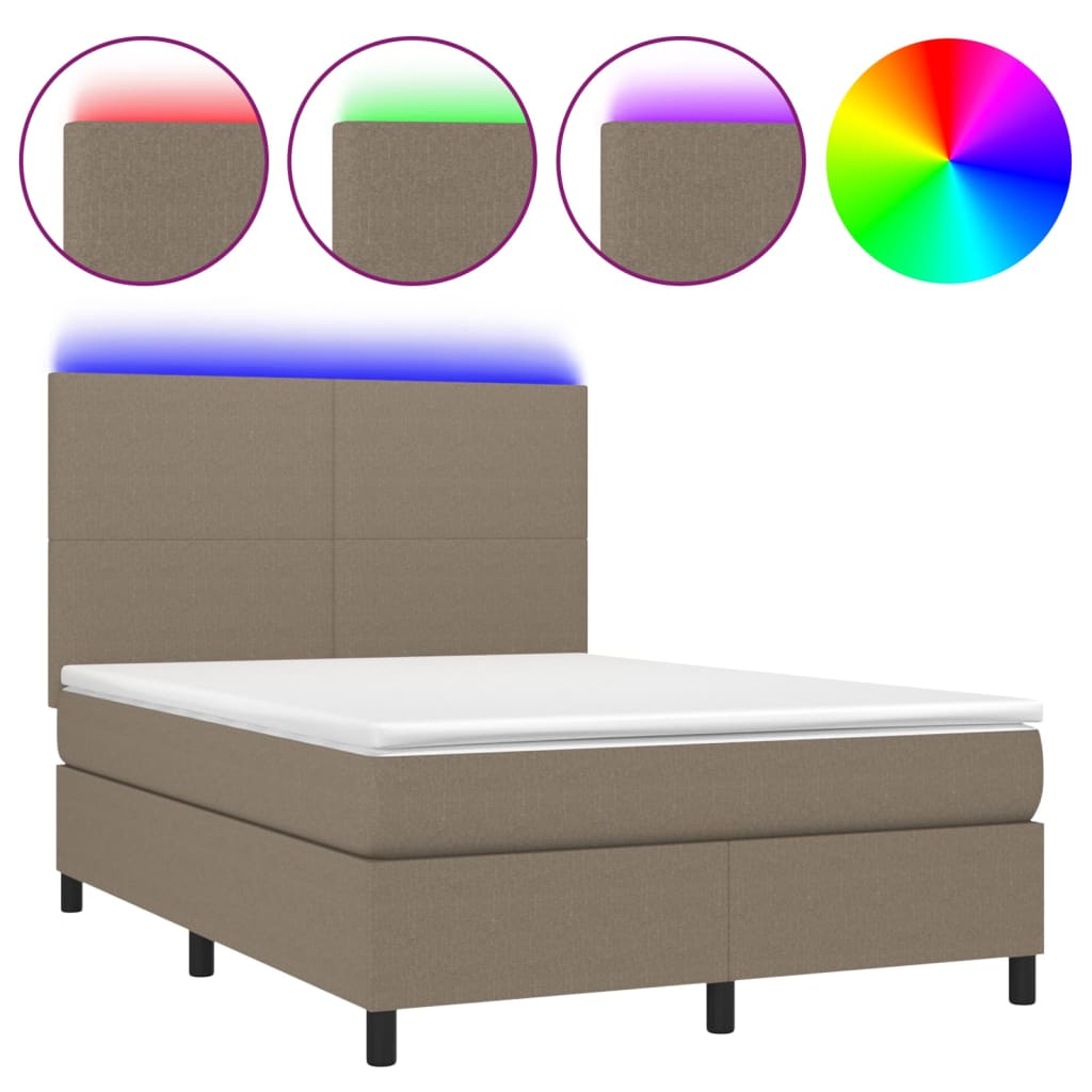 Krevet box spring s madracem LED smeđesivi 140x190 cm tkanina