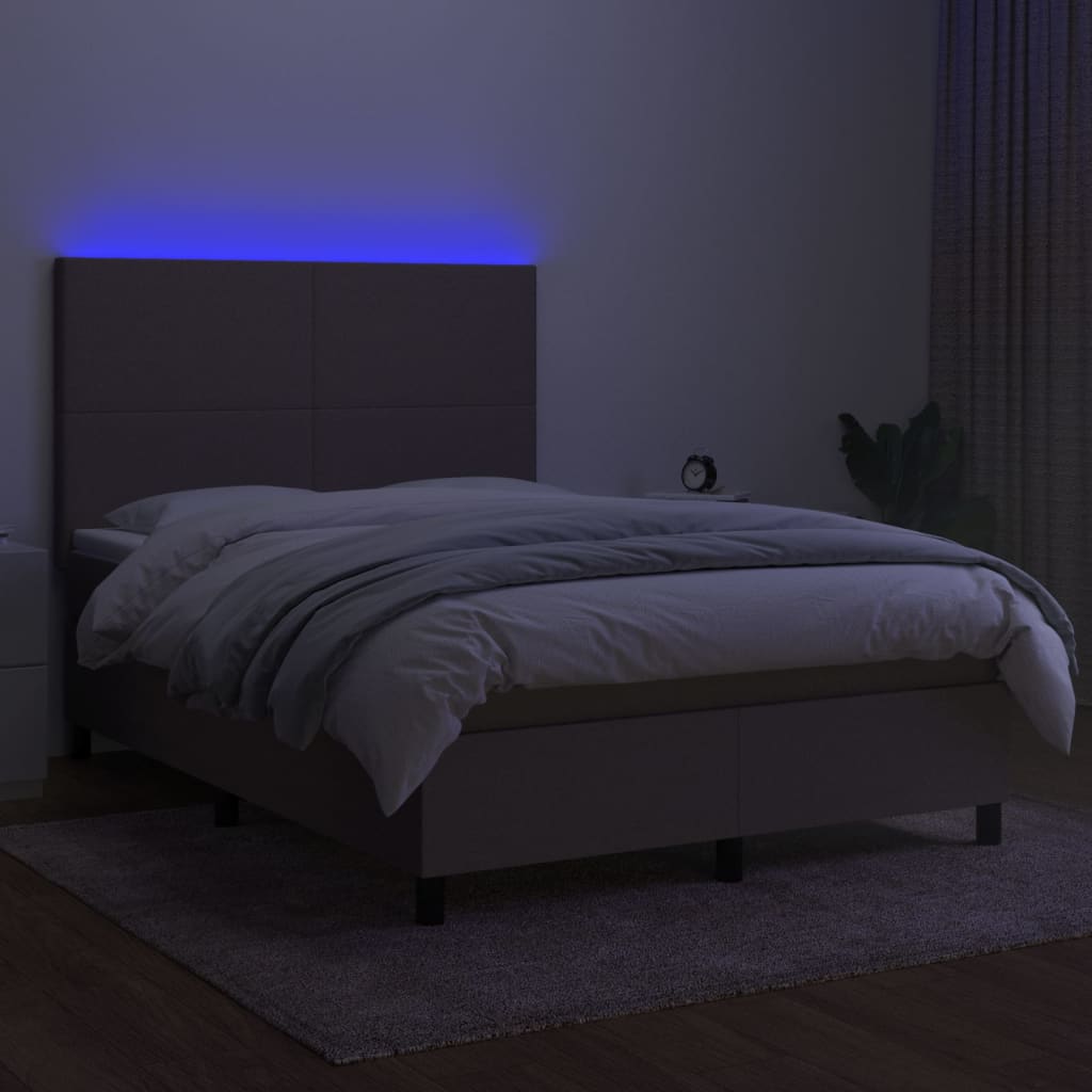 Krevet box spring s madracem LED smeđesivi 140x190 cm tkanina
