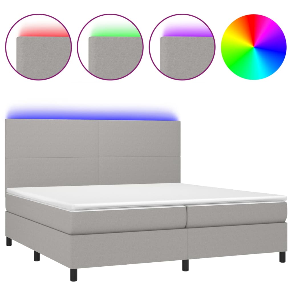 Krevet box spring s madracem LED svjetlosivi 200x200 cm tkanina
