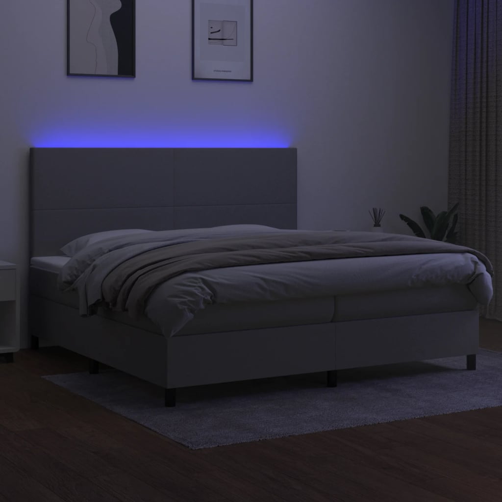 Krevet box spring s madracem LED svjetlosivi 200x200 cm tkanina