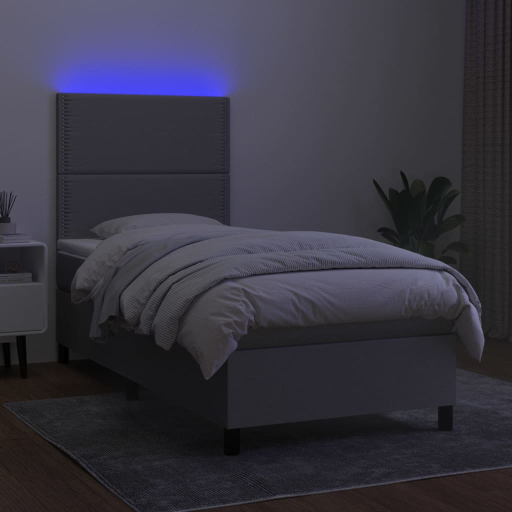 Krevet box spring s madracem LED svjetlosivi 90x200 cm tkanina