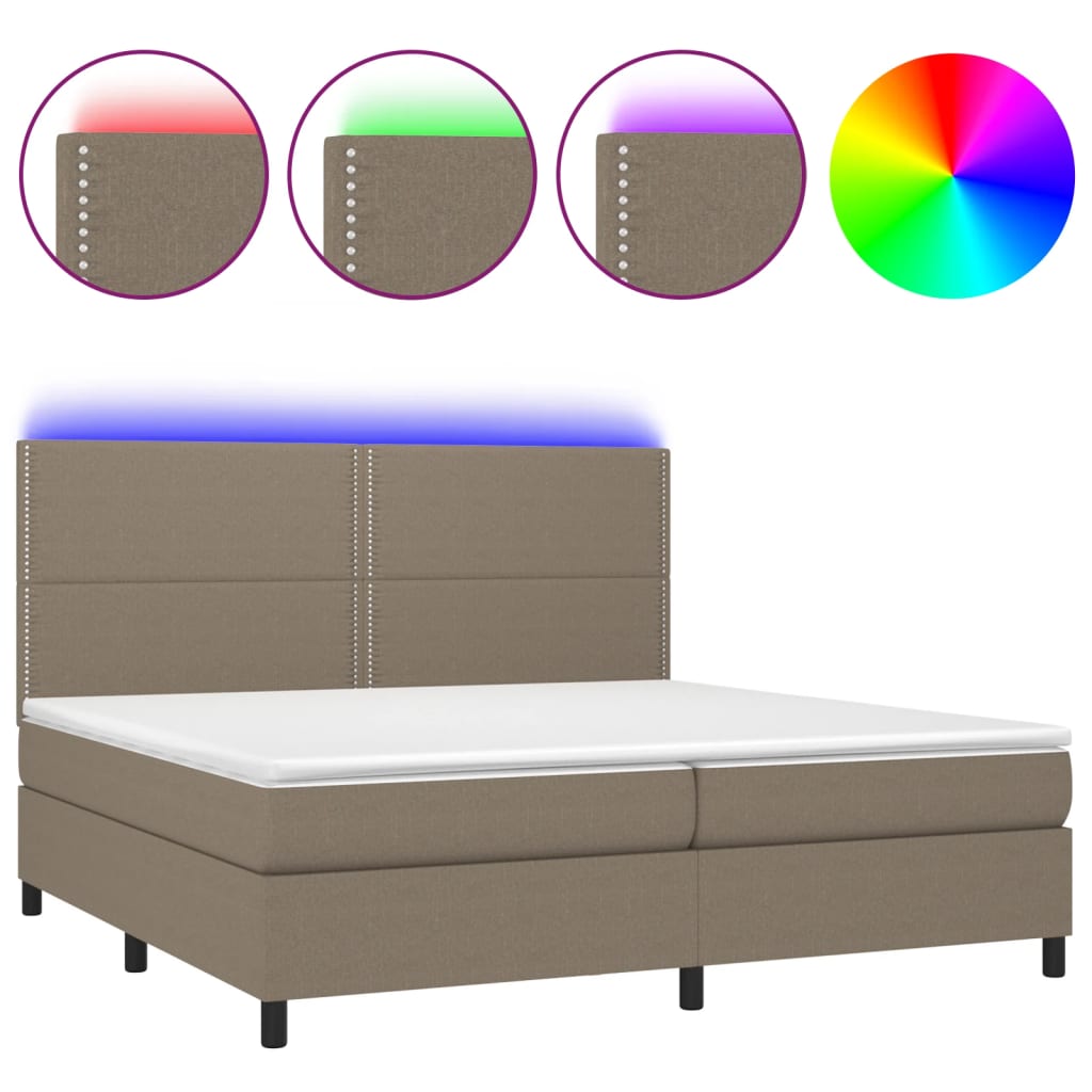 Krevet box spring s madracem LED smeđesivi 200x200 cm tkanina