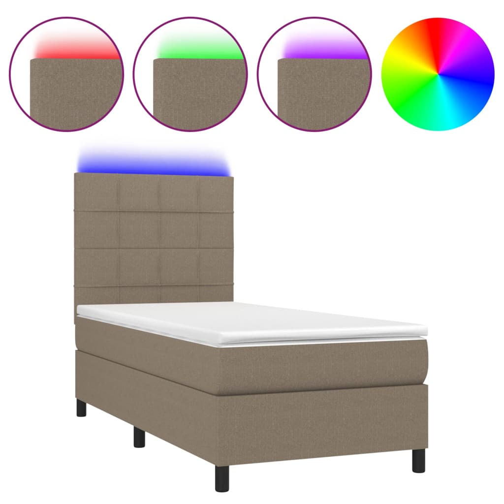 Krevet box spring s madracem LED smeđesivi 90x190 cm tkanina