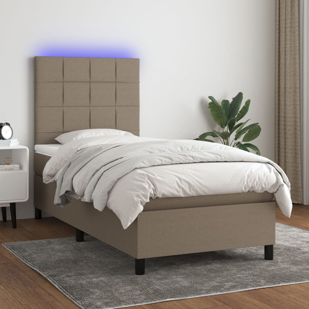 Krevet box spring s madracem LED smeđesivi 90x190 cm tkanina