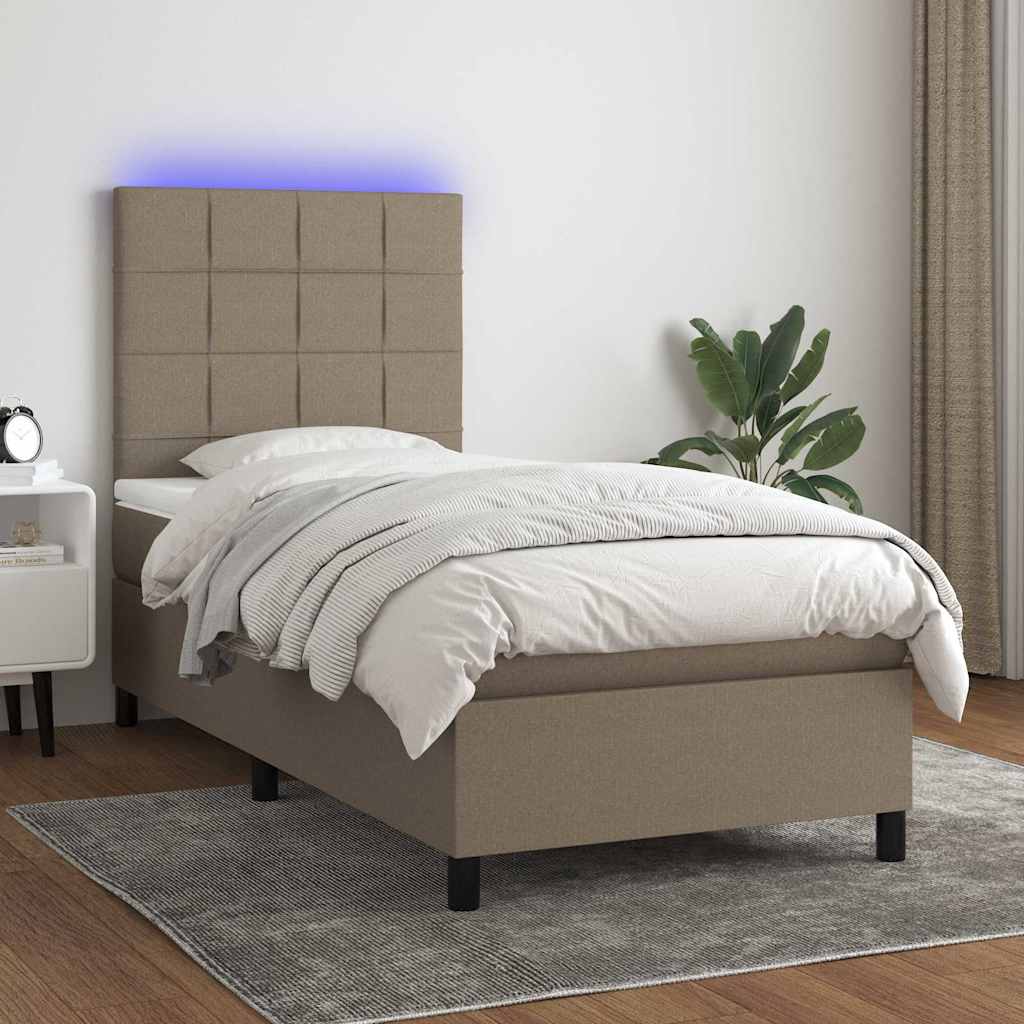 Krevet box spring s madracem LED smeđesivi 100x200 cm tkanina