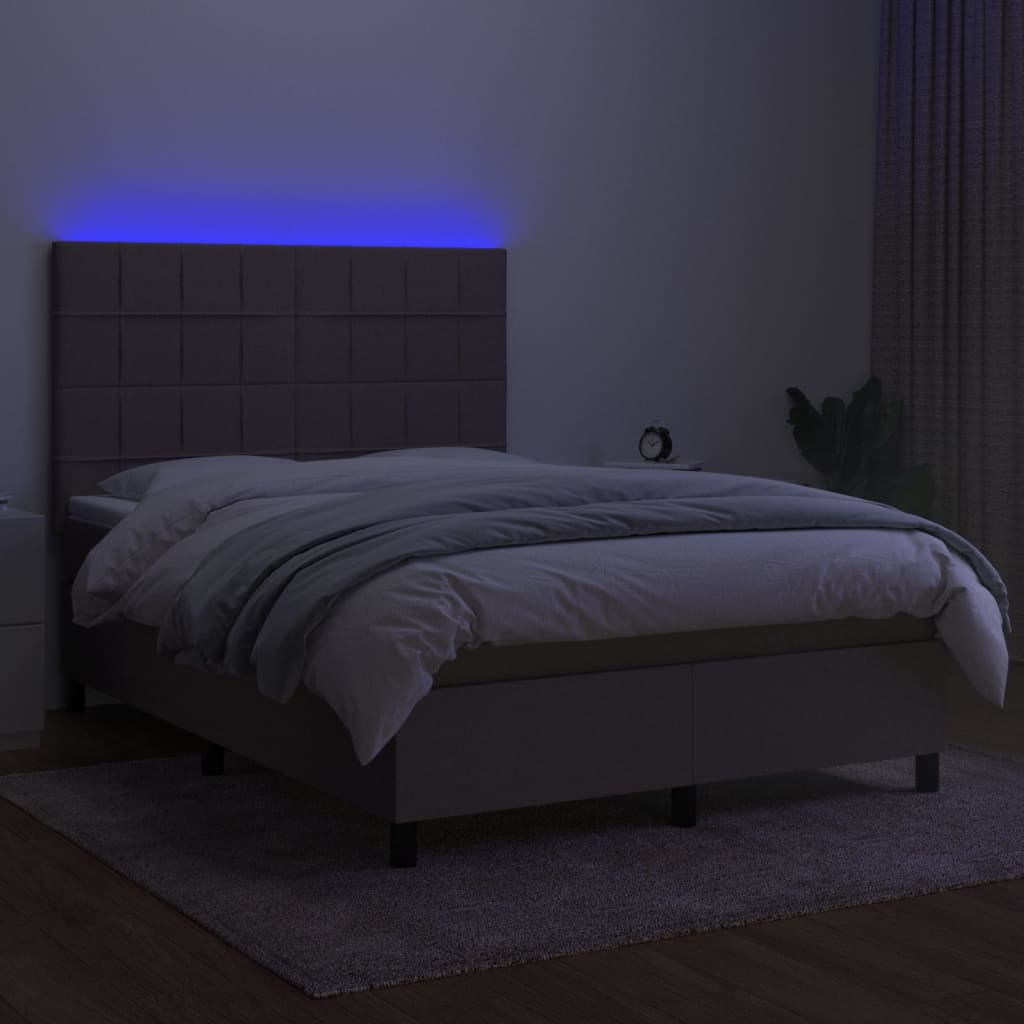Krevet box spring s madracem LED smeđesivi 140x190 cm tkanina