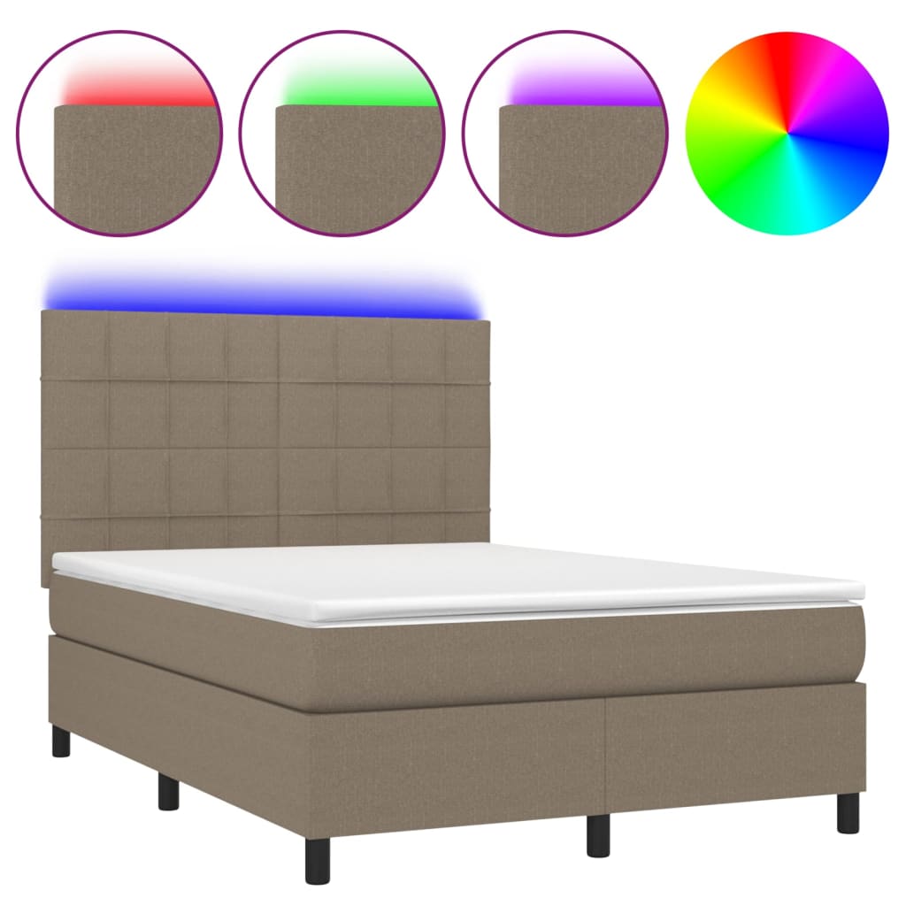 Krevet box spring s madracem LED smeđesivi 140x200 cm tkanina