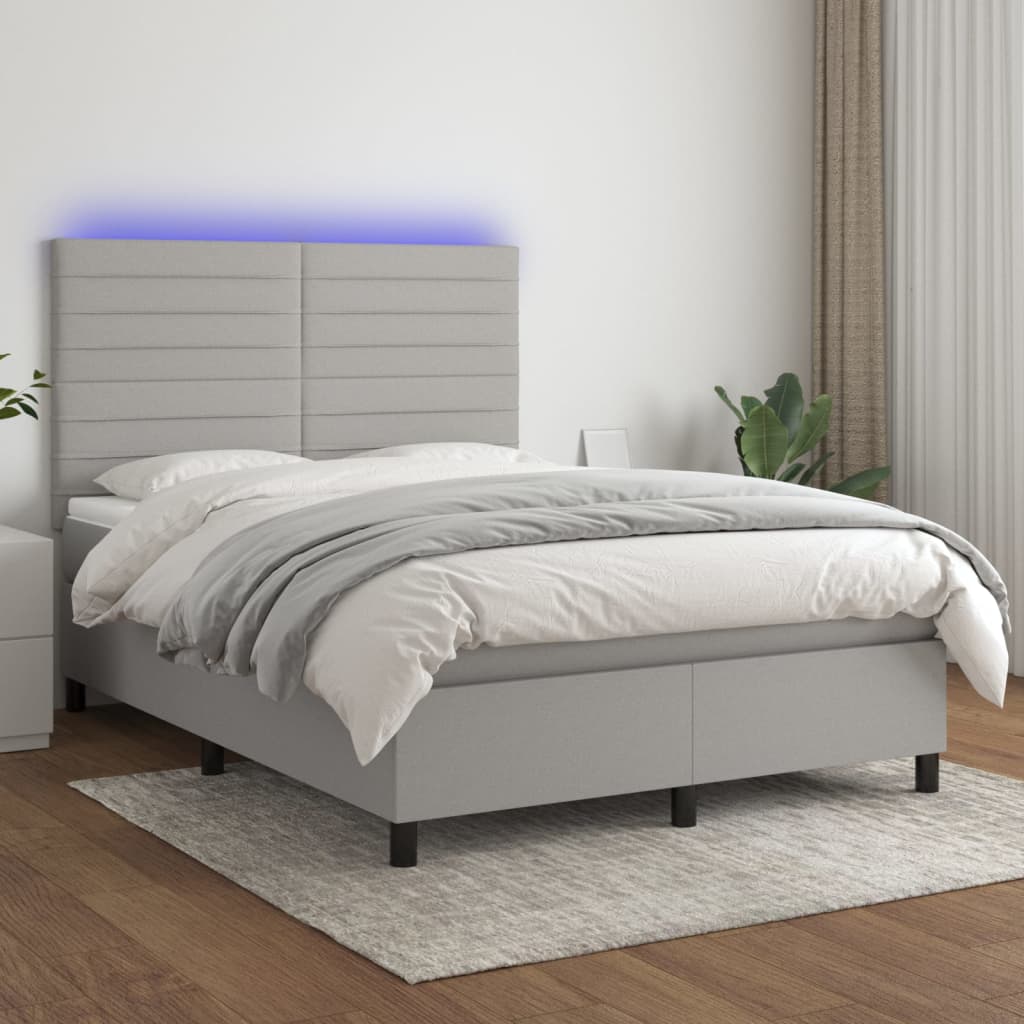 Krevet box spring s madracem LED svjetlosivi 140x200 cm tkanina